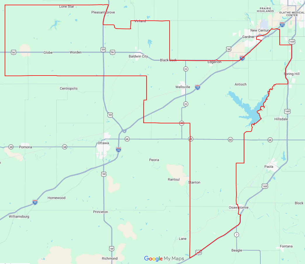 Map showing the Kansas House District 5 boundary and nearby communities.